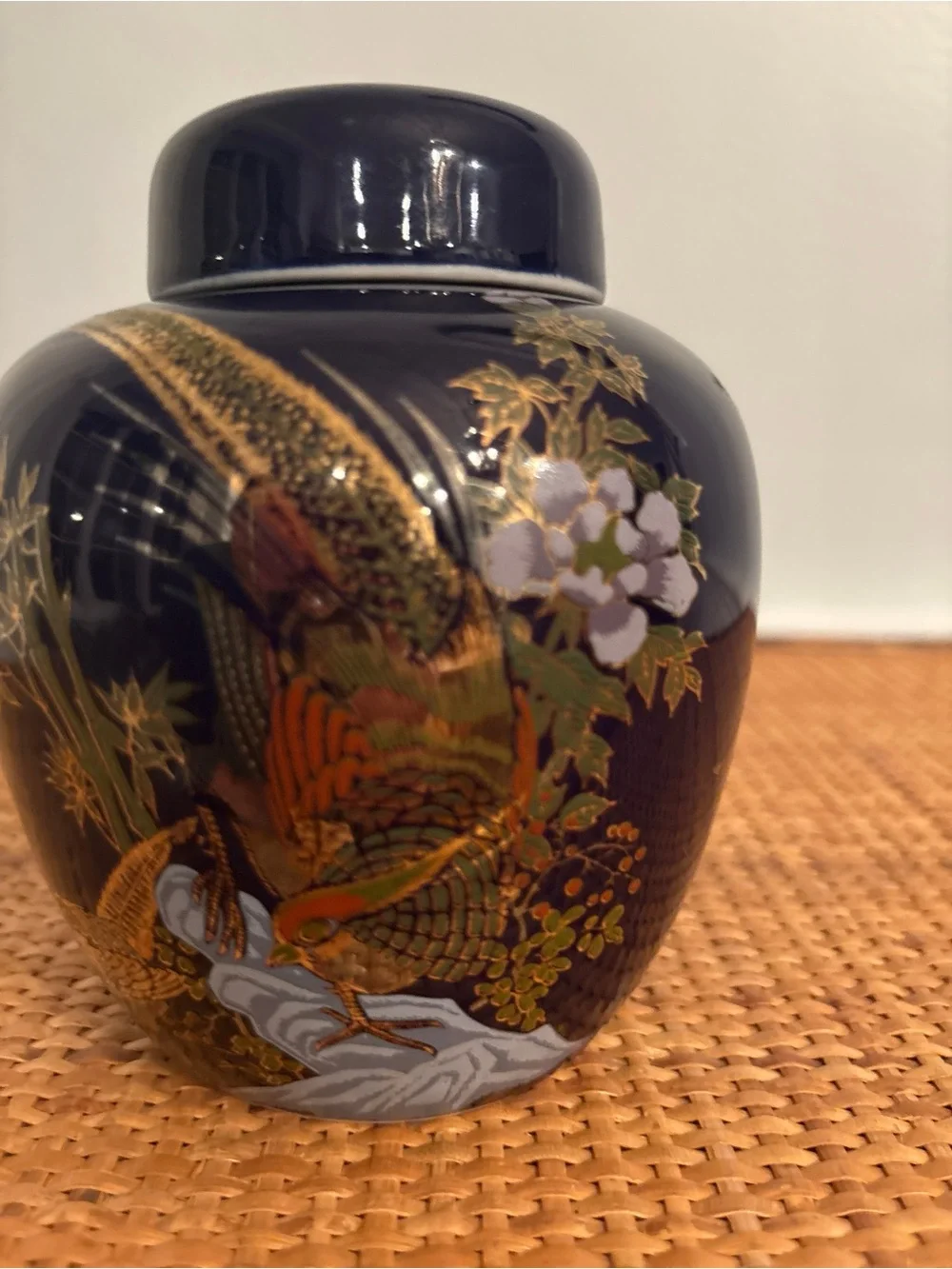 Vintage Cobalt Blue Ginger Jar with Pheasant & Floral Motif, Made in Taiwan 5.5